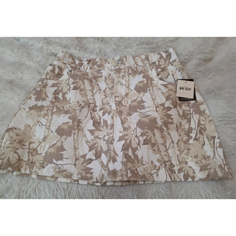 No Comment Cotton Twill Mini Skirt Camo Leaf Print Elastic Back Tan Brown Size M